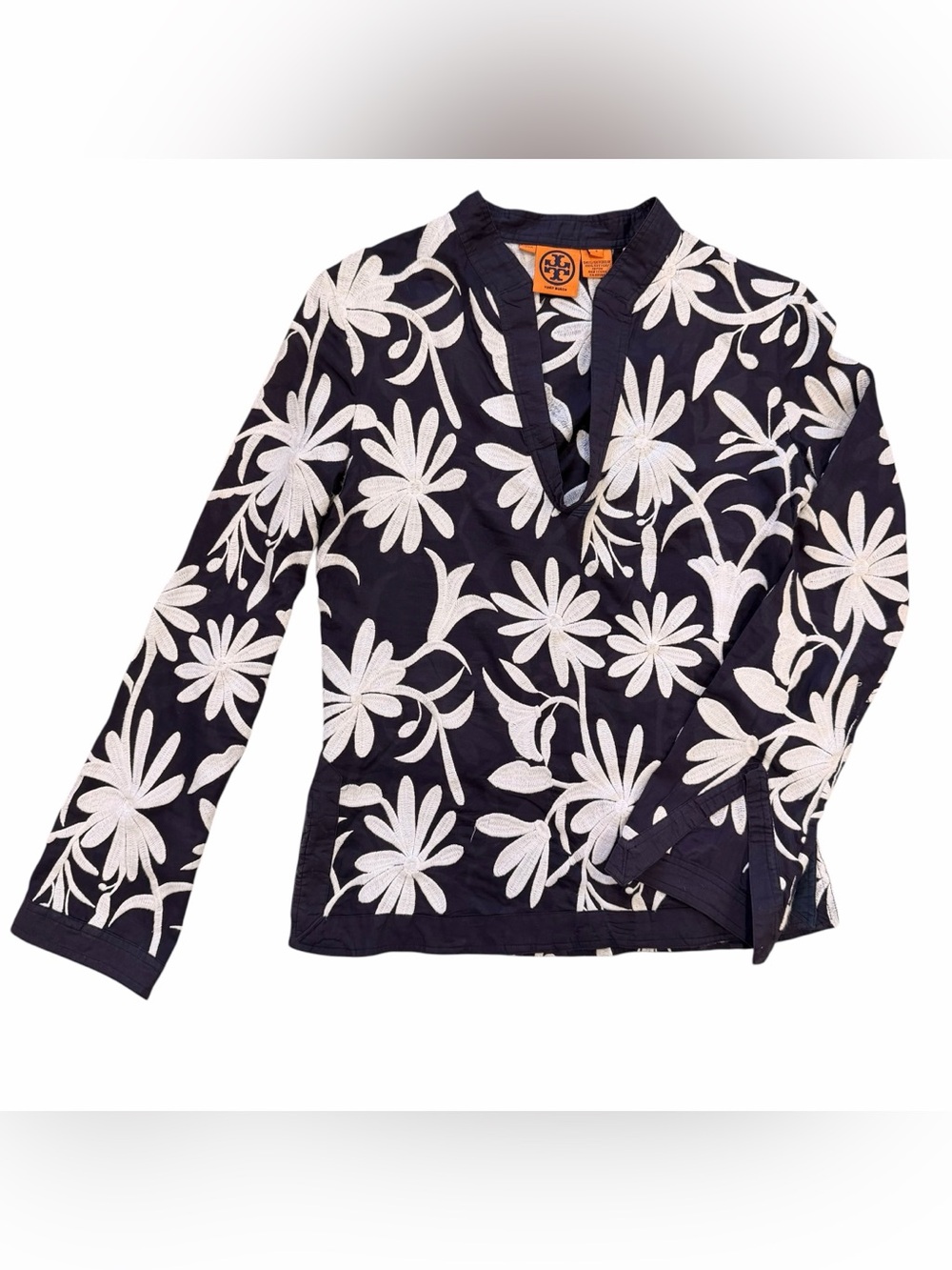 Tory Burch Embroidered Floral Tunic Top Navy Blue Cotton Size 4